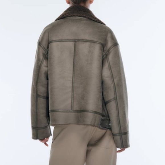 ZARA NEW WOMEN FAUX LEATHER SHEARLING DOUBLE-FACED BIKER JACKET GRAY 3548/243 XL - Picture 14 of 15